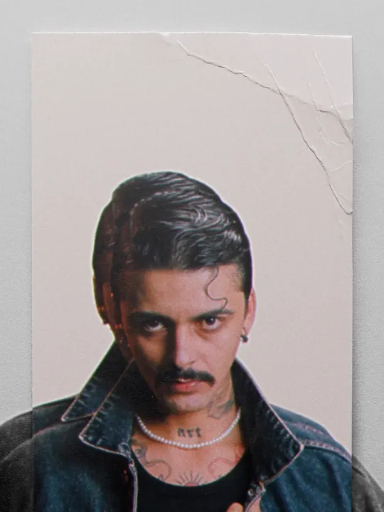 Hair combed back, with a moustache